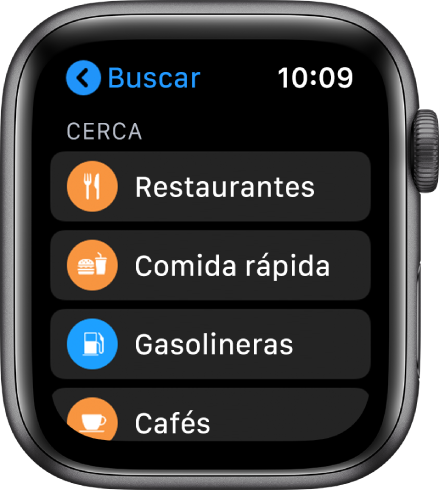 La app Mapas mostrando una lista de categorías: Restaurantes, Comida rápida, Gasolineras, Cafeterías y más.