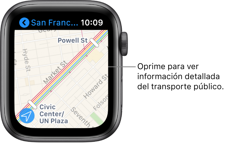 La app Mapas mostrando detalles de transporte público, incluyendo nombres de rutas y paradas.