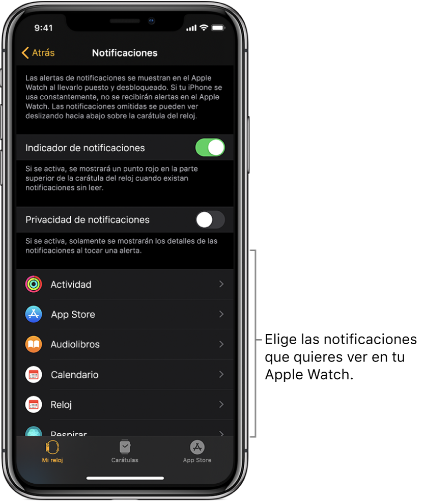 La pantalla Notificaciones en la app Apple Watch en el iPhone mostrando fuentes de notificaciones.