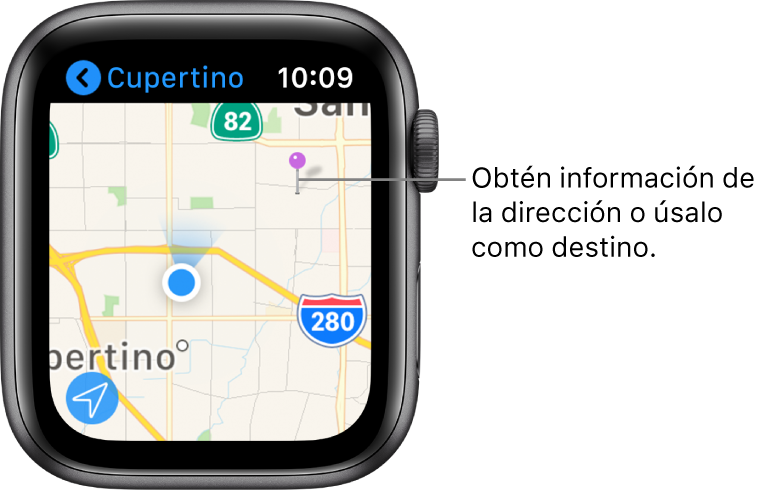 La app Mapas muestra un mapa con un marcador morado, que se usa para obtener la dirección aproximada de un punto en el mapa o como un destino para las indicaciones.