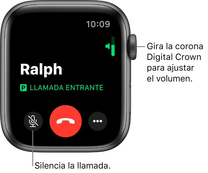 Durante una llamada entrante, la pantalla muestra el indicador de volumen horizontal en la parte superior derecha, el botón Silencio en la parte inferior izquierda, el botón rojo Rechazar en la parte inferior y el botón "Más opciones".