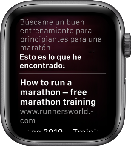 Siri respondiendo a la pregunta “¿Me recomiendas un buen plan de entrenamiento de iniciación para correr un maratón?” con una respuesta de la web.