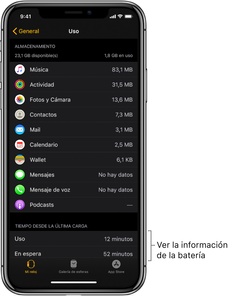 Visualización de la información de la batería correspondiente a las opciones Uso, “En espera” y “Ahorro de batería” en la mitad inferior de la pantalla Uso de la app Apple Watch.