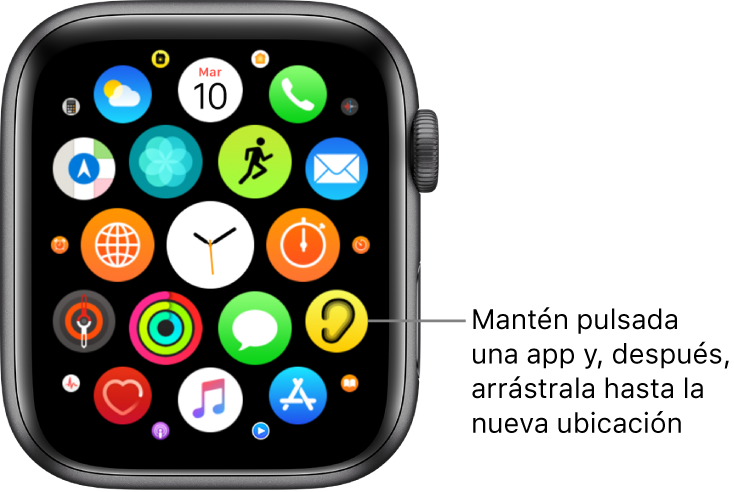 Pantalla de inicio del Apple Watch en visualización de mosaico. El texto dice: “Mantener pulsada una app y, después, arrastrarla hasta la nueva ubicación”.