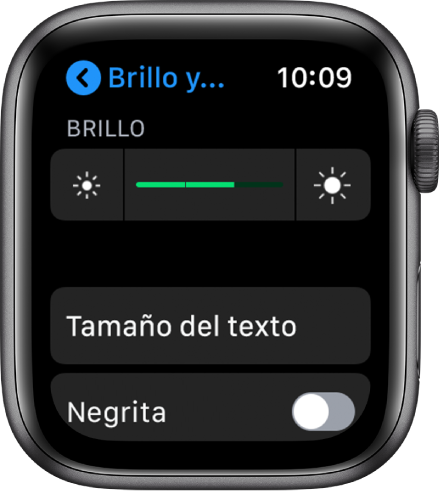 Ajustes de Brillo del Apple Watch, con el regulador Brillo en la parte superior, el botón “Tamaño del texto” debajo y el control Negrita en la parte inferior.