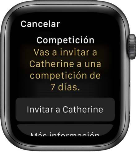 La pantalla Competir, con las palabras “Competición: Estás invitando a Catherine a una competición de 7 días”. Abajo aparecen dos botones. El primero dice “Invitar a Catherine”; el segundo, “Más información”.