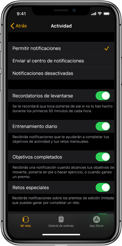 Pantalla Actividad de la app Apple Watch, donde puedes personalizar qué notificaciones quieres recibir.