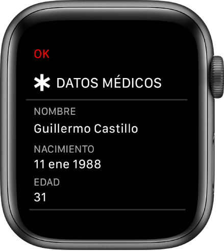 La pantalla “Datos médicos”, con el nombre del usuario, la fecha de nacimiento y la edad.