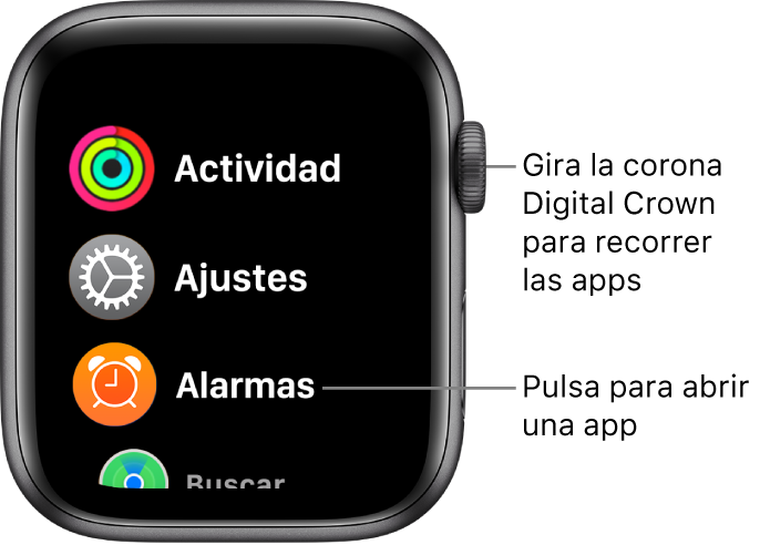 Pantalla de inicio en visualización de lista en el Apple Watch, con una lista de apps. Pulsa una app para abrirla. Desplázate para ver más apps.