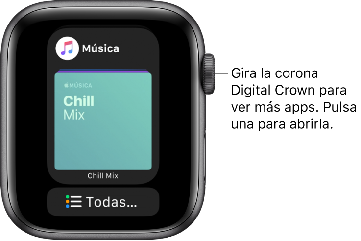 Dock con la app Música y un botón “Todas las apps” debajo. Gira la corona Digital Crown para ver más apps. Pulsa una app para abrirla.