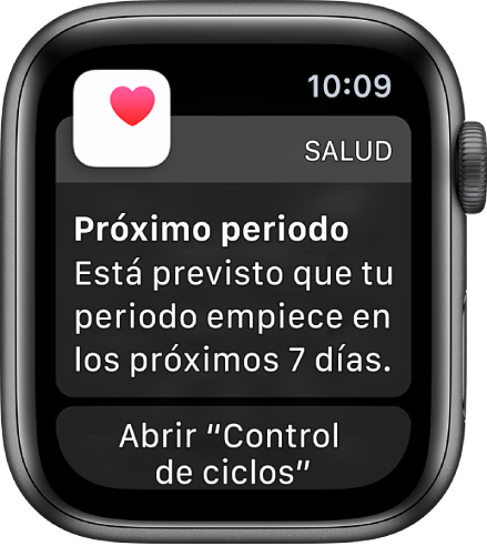 El Apple Watch, con una pantalla de la predicción del ciclo que dice “Próximo periodo. Está previsto que tu periodo empiece en los próximos 7 días”. Debajo aparece un botón que dice “Abrir Control del ciclo”.