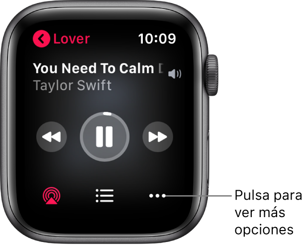 La pantalla “Ahora suena” en la app Música. El nombre del álbum se encuentra en la parte superior izquierda. El título de la canción y el artista aparecen arriba, los controles de reproducción en el medio y AirPlay, la lista de pistas y los botones de opciones están abajo.