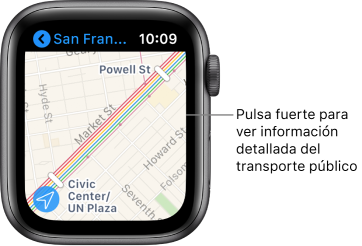 La app Mapas con los detalles del transporte público, incluidas las rutas y los nombres de las paradas.