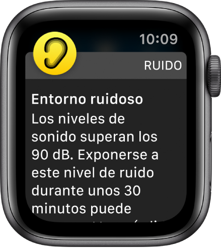 Un Apple Watch en el que se ve una notificación de ruido. El icono de la app asociada a la notificación aparece en el extremo superior izquierdo de la pantalla. Puedes pulsarlo para abrir la app.