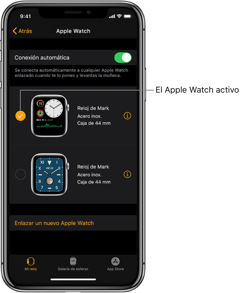 La marca de verificación muestra el Apple Watch activo.