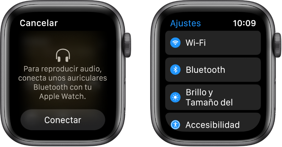 Si cambias al Apple Watch como dispositivo fuente de audio antes de enlazar los altavoces o auriculares Bluetooth, aparecerá el botón Conectar en la parte inferior de la pantalla, que permite acceder a los ajustes de Bluetooth del Apple Watch, donde puedes añadir un dispositivo de audio.
