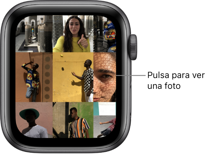 Pantalla principal de la app Fotos del Apple Watch, con varias fotos colocadas en una retícula.