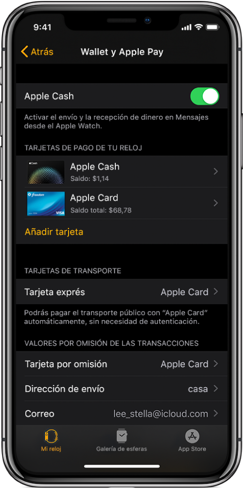 Pantalla de “Wallet y Apple Pay” en la app Apple Watch del iPhone. La pantalla muestra las tarjetas añadidas al Apple Watch, la tarjeta que has elegido usar como tarjeta exprés y los ajustes de transacción por omisión.