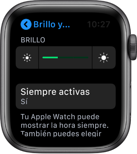 Pantalla del Apple Watch con el botón “Siempre activa” en la pantalla de Brillo y “Tamaño del texto”.