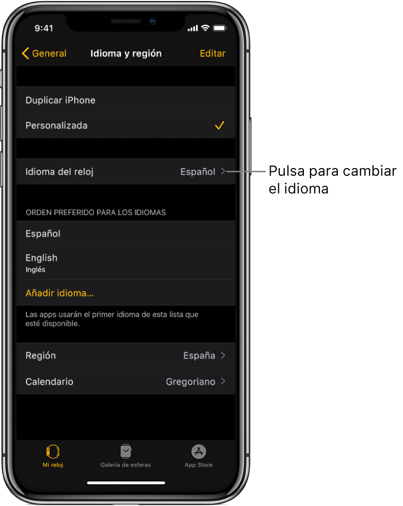 La pantalla “Idioma y región” en la app Apple Watch, con el ajuste “Idioma del reloj” cerca de la parte superior.