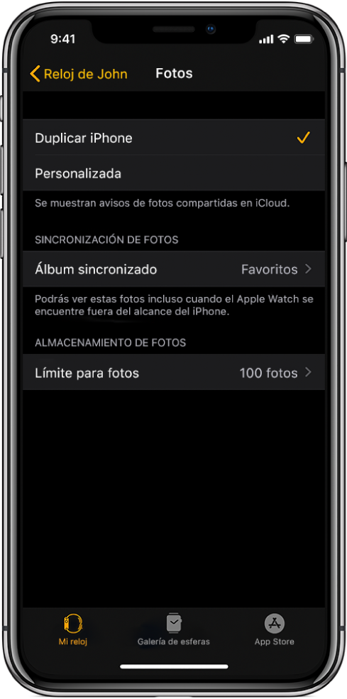 Ajustes de Fotos en la app Apple Watch del iPhone, con el ajuste “Álbum sincronizado” en el medio y el ajuste “Límite para fotos” debajo.