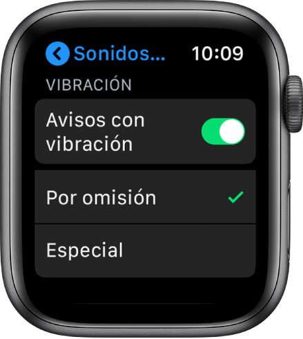 Ajustes de “Sonidos y vibraciones” en el Apple Watch, con el interruptor “Avisos con vibración”, y debajo las opciones “Por omisión” y Especial.
