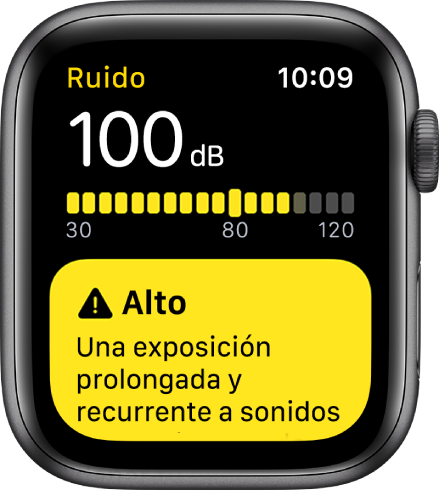 La app Ruido, con una lectura de 100 dB. Debajo aparece un aviso sobre la exposición a largo plazo a este nivel de sonido.