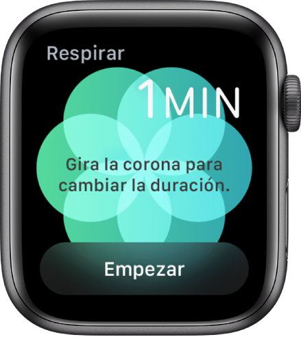 Pantalla de la app Respirar con una duración de un minuto en la parte superior derecha y el botón Empezar en la parte inferior.