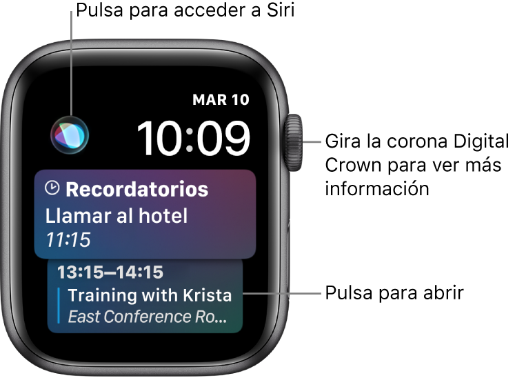 Esfera Siri, con un recordatorio y un evento del calendario. Hay un botón Siri en la esquina superior izquierda de la pantalla. En la parte superior derecha están la fecha y la hora.