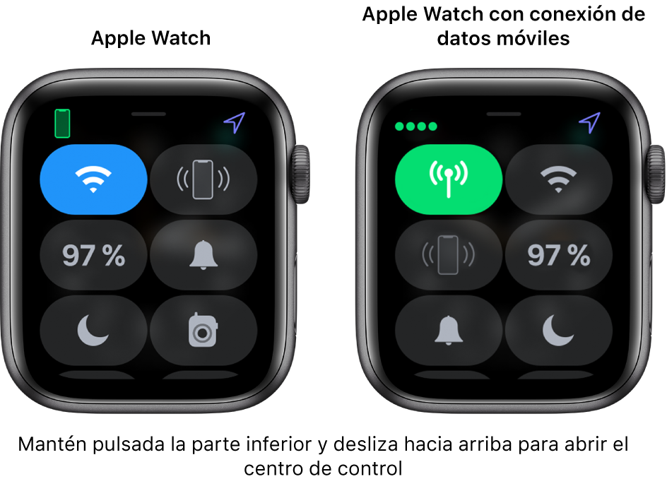 Dos imágenes: Apple Watch sin datos móviles a la izquierda, con el centro de control. El botón Wi-Fi está en la parte superior izquierda; el botón “Oír el iPhone”, en la parte superior derecha; el botón del porcentaje de batería, en la parte central izquierda; el botón del modo silencioso, en la parte central derecha; el botón “No molestar”, en la parte inferior izquierda; y el botón Walkie-talkie, en la parte inferior derecha. La imagen de la derecha muestra el Apple Watch con datos móviles. Su centro de control muestra el botón “Datos móviles” en la parte superior izquierda, el botón Wi-Fi en la parte superior derecha, el botón “Oír el iPhone” en la parte central izquierda, el botón del porcentaje de batería en la parte central derecha, el botón del modo silencios en la parte inferior izquierda y el botón “No molestar” en la parte inferior derecha.