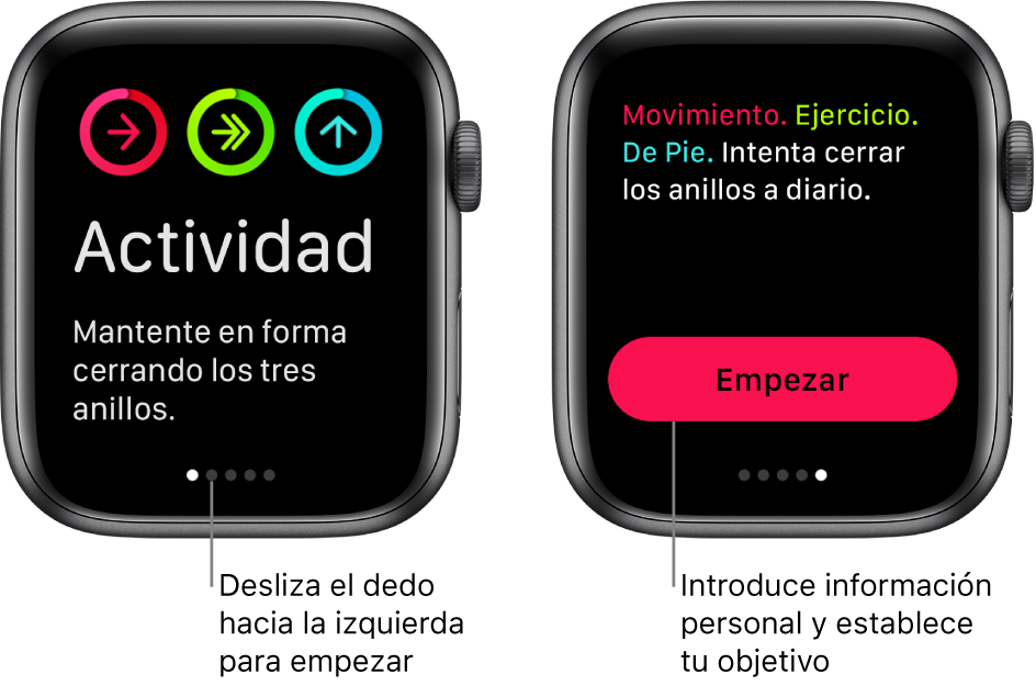 Dos pantallas: En una se muestra la pantalla inicial de la app Actividad y en la otra se muestra el botón Empezar.