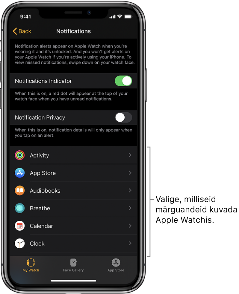 iPhone'i rakenduse Apple Watch kuva Notifications, kus on toodud märguannete allikad.