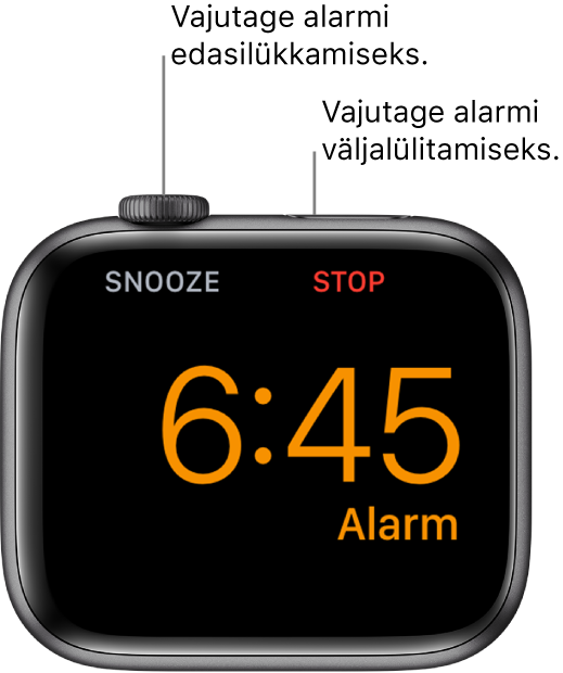 Külili asetatud Apple Watch, mille ekraanil kuvatakse rakendunud alarmi. Digital Crowni all on sõna “Snooze”. Küljenupu all on sõna “Stop".