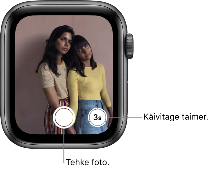 Kaamera distantspäästikuna kasutamisel kuvatakse Apple Watchi ekraanil iPhone'i kaameravaadet. All keskel on nupp Take Picture ning sellest paremal nupp Take Picture After Delay. Pärast foto tegemist kuvatakse all vasakul nupp Photo Viewer.