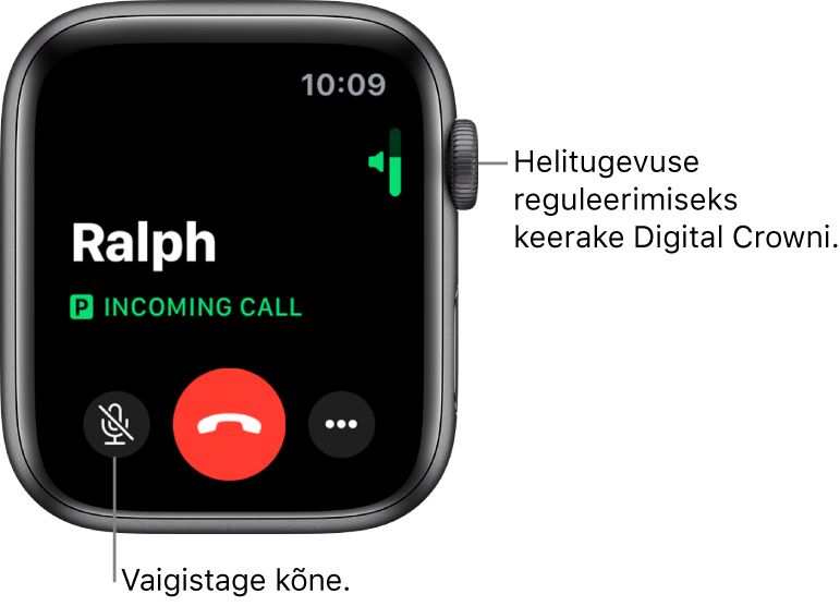 Saabuva kõne ajal kuvatakse ekraanil üleval paremal horisontaalne helitugevuse indikaator, all vasakul nupp Mute, punane nupp Decline ning nupp More Options.