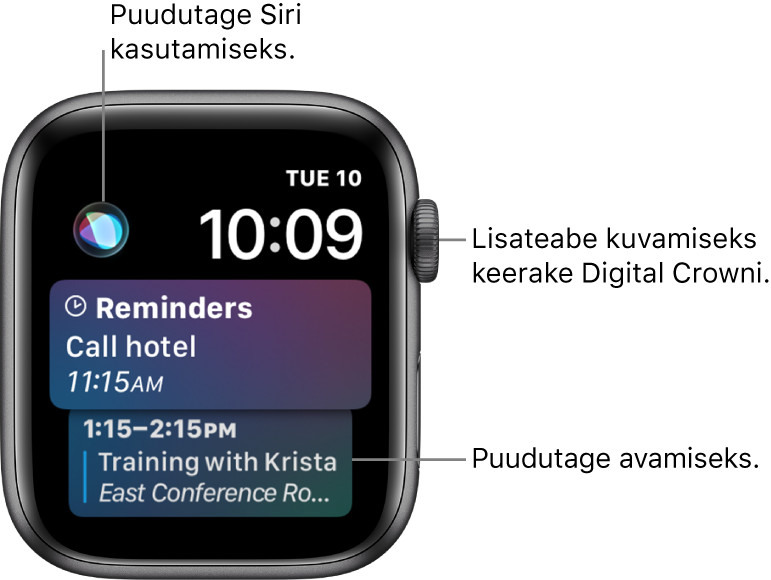 Kellakuva Siri, kus kuvatakse meeldetuletust ja kalendrisündmust. Siri nupp asub ekraanil üleval vasakul. Üleval paremal kuvatakse kuupäeva ja kellaaega.
