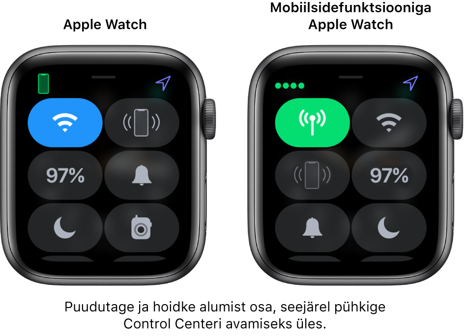 Kaks pilti: vasakul on ilma mobiilsidefunktsioonita Apple Watch, milles kuvatakse Control Center. Üleval vasakul on nupp Wi-Fi, üleval paremal on nupp Ping iPhone, keskel vasakul on nupp Battery Precentage, keskel paremal on nupp Silent Mode, all vasakul on nupp Do Not Disturb ning all paremal on nupp Walkie-Talkie. Parempoolsel pildil on mobiilsidefunktsiooniga Apple Watch. Control Centeris kuvatakse üleval vasakul nuppu Cellular, üleval paremal nuppu Wi-Fi, keskel vasakul nuppu Ping iPhone, keskel paremal nuppu Battery Precentage, all vasakul nuppu Silent Mode ning all paremal nuppu Do Not Disturb.