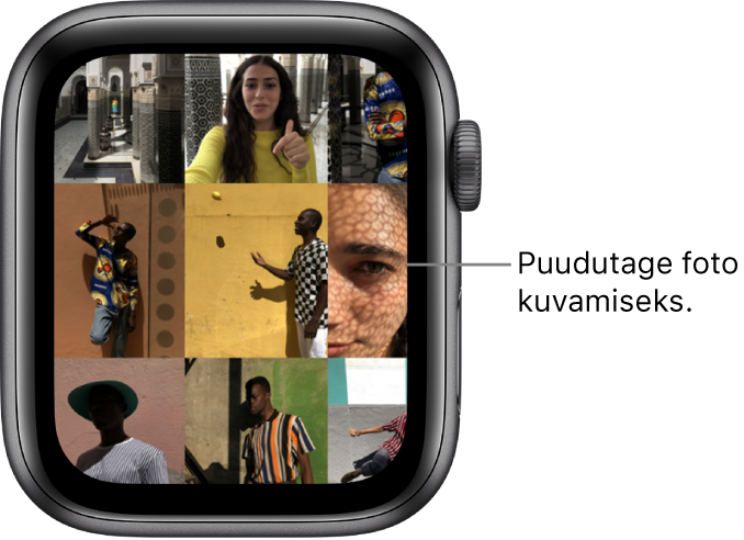 Apple Watchi rakenduse Photos põhikuva koos mitme võrgustikus kuvatava fotoga.