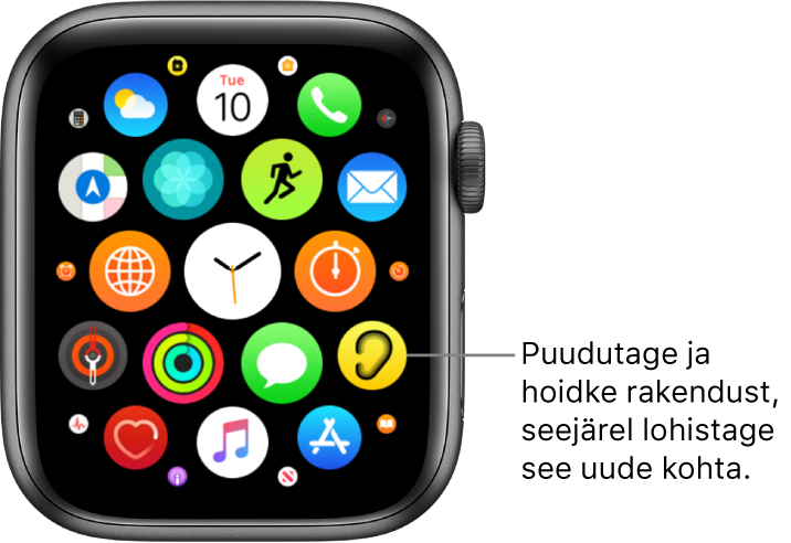 Apple Watchi Home-kuva võrgustikvaates. Väljaviigus on kirjas “Puudutage ja hoidke rakendust, seejärel lohistage see uude kohta”.