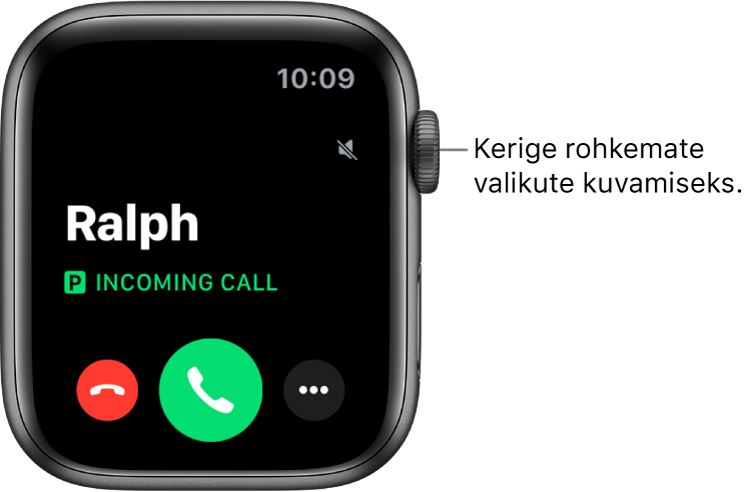 Apple Watchi kuva kõne vastuvõtmisel: helistaja nimi, sõnad “Incoming Call”, punane nupp Decline, roheline nupp Answer ning nupp More Options.