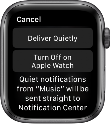 Apple Watchi märguandeseaded. Ülemisel nupul on kirjas “Deliver Quietly”ning alumisel nupul on kirjas “Turn Off on Apple Watch”.