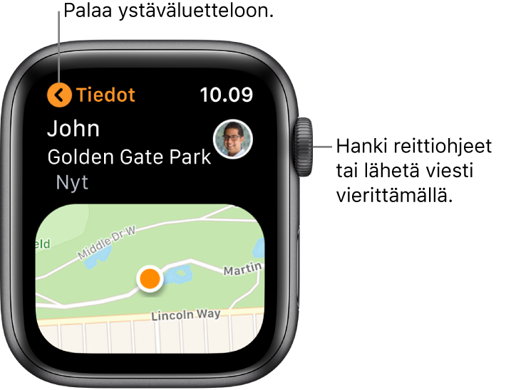 Näytöllä on tiedot ystävän sijainnista, mukaan lukien tieto, kuinka kaukana hän on ja hänen sijaintinsa kartalla.