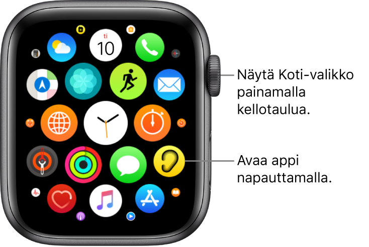 Koti-valikko ruudukkonäkymässä Apple Watchissa, apit rykelmänä. Avaa appi napauttamalla. Katso lisää appeja vetämällä.