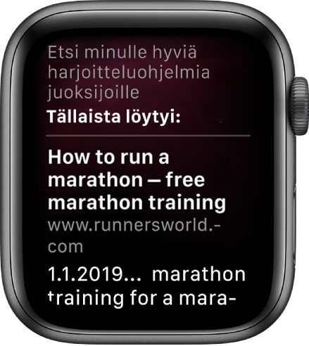 Siri vastaa kysymykseen ”Mikä on hyvä maratonharjoittelun suunnitelma aloittelijoille” vastauksella verkosta.