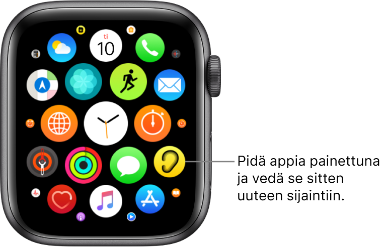 Apple Watchin Koti-valikko ruudukkonäkymässä. Kuvatekstissä lukee ”Pidä appia painettuna ja vedä sitten uuteen sijaintiin”.