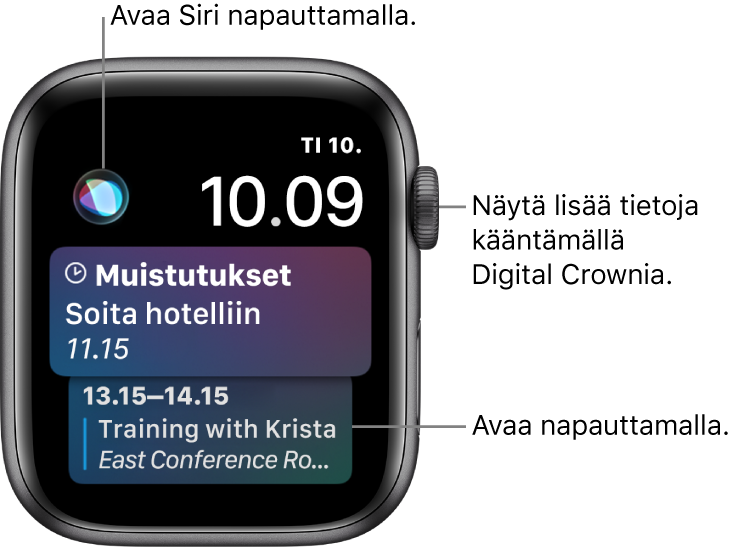 Siri-kellotaulu, jossa näkyy muistutus ja kalenteritapahtuma. Näytön vasemmassa yläkulmassa on Siri-painike. Päivämäärä ja aika ovat yläoikealla.