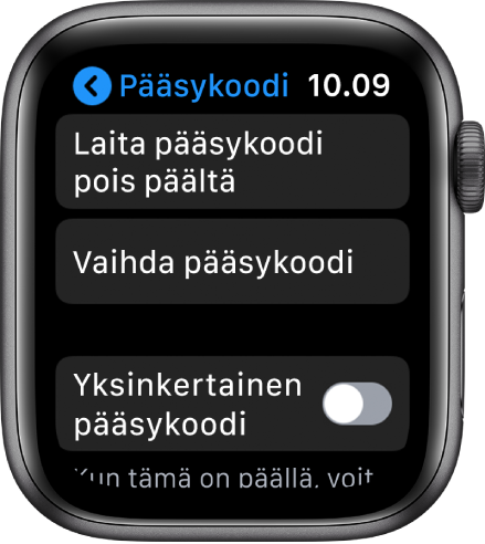 Pääsykoodiasetukset Apple Watchissa: ylhäällä Laita pääsykoodi pois päältä, sen alapuolella Vaihda pääsykoodi ja alla Yksinkertainen pääsykoodi.