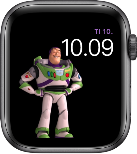 Toy Story -kellotaulussa näkyy päivä, päivämäärä ja aika yläoikealla ja animoitu Buzz Lightyear näytön keskellä.