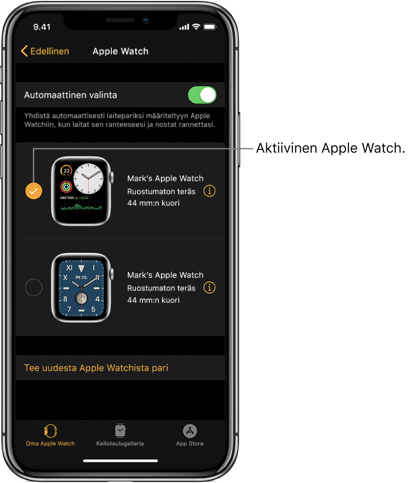Valintamerkki osoittaa aktiivisen Apple Watchin.