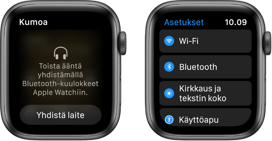 Jos vaihdat äänilähteen Apple Watchiin ennen Bluetooth-kaiuttimien tai -kuulokkeiden liittämistä pariksi, näytön alaosaan tulee näkyviin yhdistä laite -painike, jonka kautta pääset Apple Watchin Bluetooth-asetuksiin, jossa voit lisätä kuuntelulaitteen.